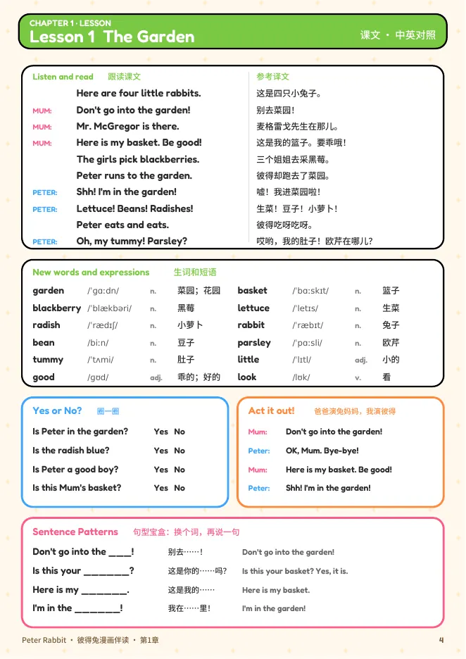 彼得兔漫画伴读PDF第4页实际截图，展示中英课文与判断题