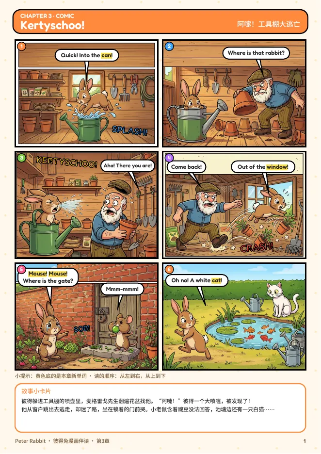 彼得兔漫画伴读PDF第11页实际截图，展示第三单元六格漫画