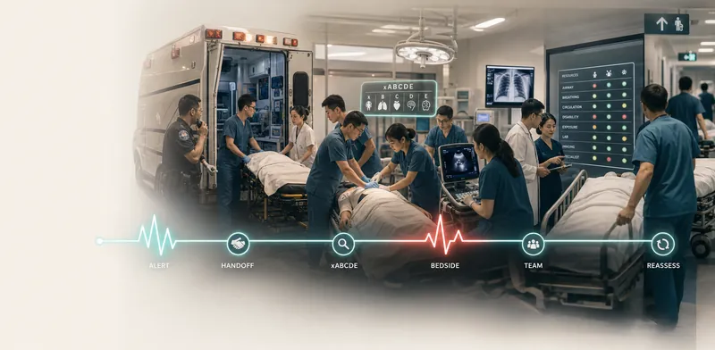 Conceptual illustration of trauma teamwork, not patient evidence