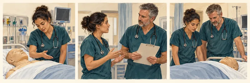 Three synthetic teaching scenes: observe, communicate, return for reassessment; not a patient timeline