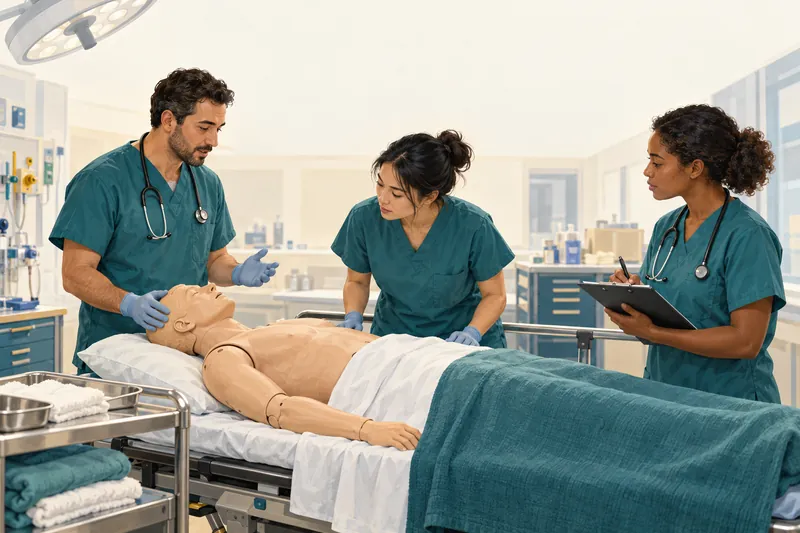 AI-generated trauma-team training illustration; not a patient photograph or procedure demonstration